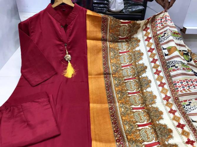Vt Designer Solid Maroon Printed Cotton Kurti With Bottom Dupatta Wholesale Price In Surat
